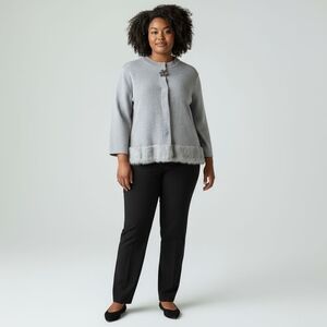 JM Collection Plus 3X Faux Fur Trim Knit Jacket Gray Snap Brooch NWT